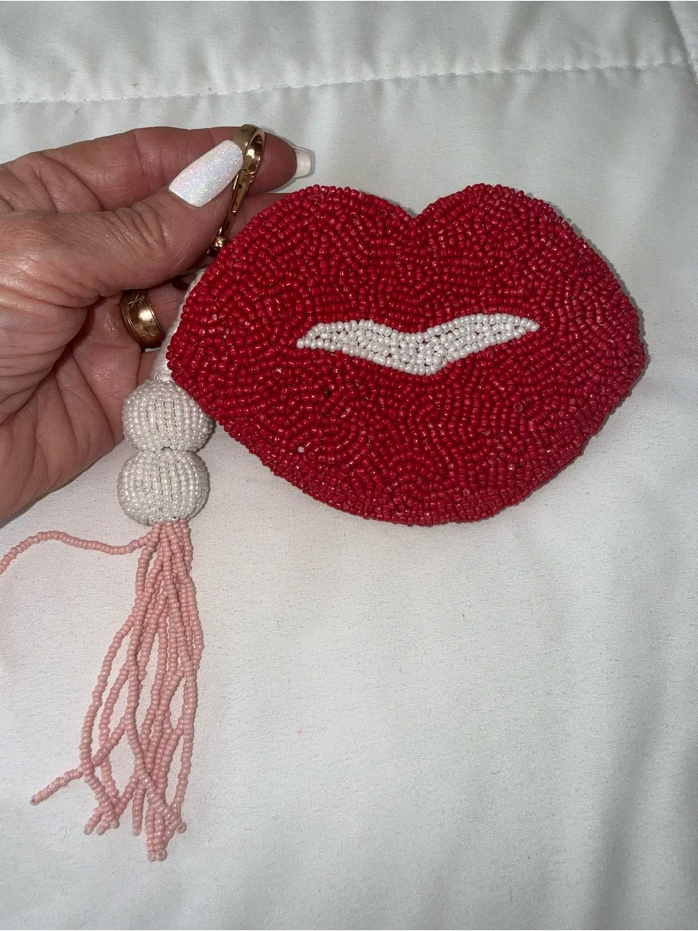 Red Glass Beaded Lip coin/Clutch purse with Tassel and keychain
